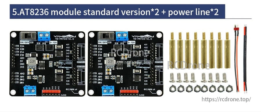 Two AT8236 motor driver modules with terminal blocks, pin headers, standoffs, screws, and power leads