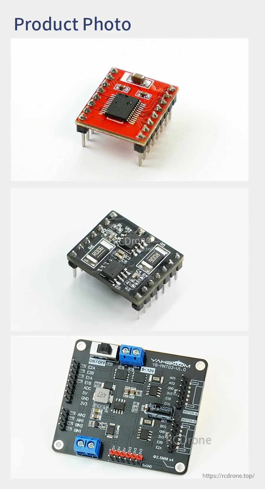 AT8236/TB6612FNG 2-channel motor driver modules with pin headers and a larger board with screw terminals