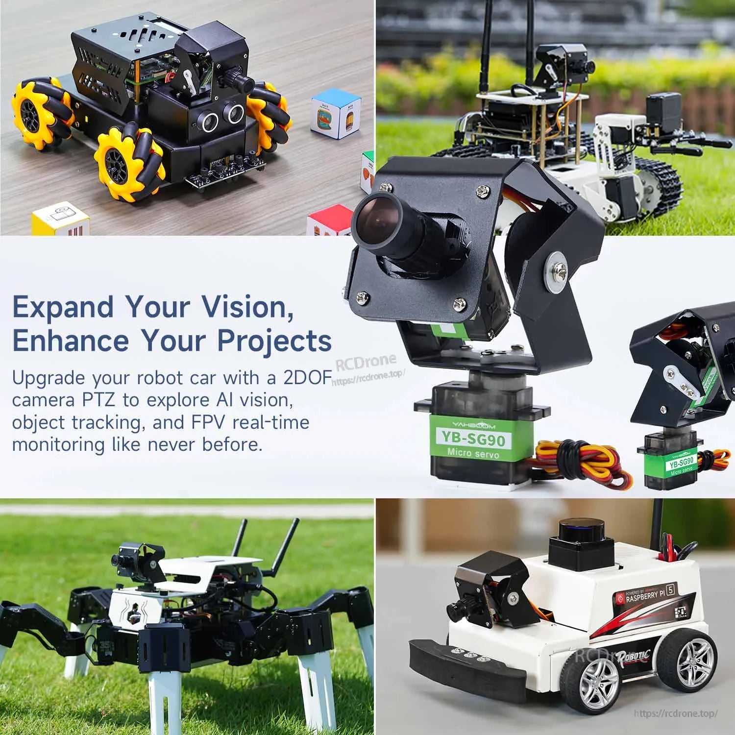 2 DOF camera PTZ application examples on robot car, tracked rover, quadruped, and FPV RC car