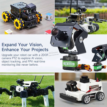 2 DOF camera PTZ application examples on robot car, tracked rover, quadruped, and FPV RC car