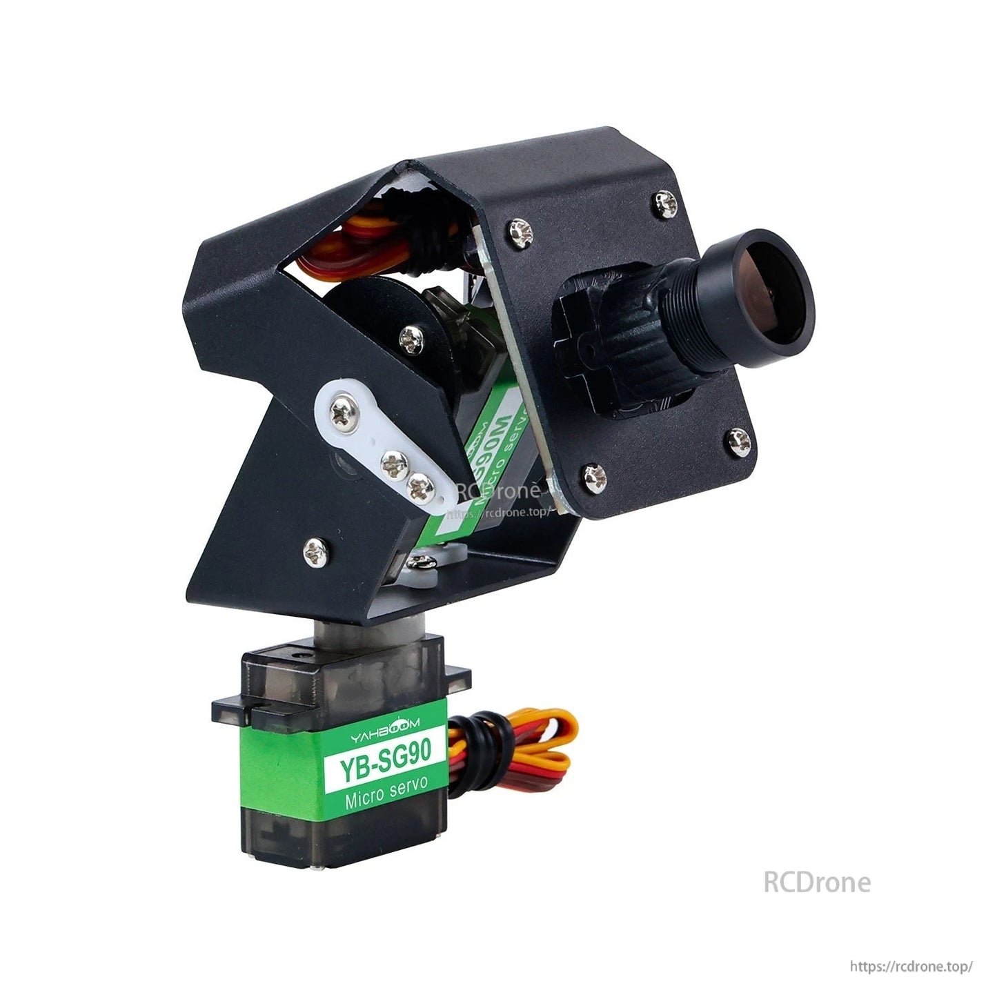 Angled side view of 2-axis camera mount showing metal bracket, lens, and YB-SG90 servo wiring