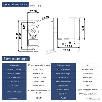 YB-SG90 9g servo dimensions drawing and servo parameters table (speed, torque, voltage, weight)