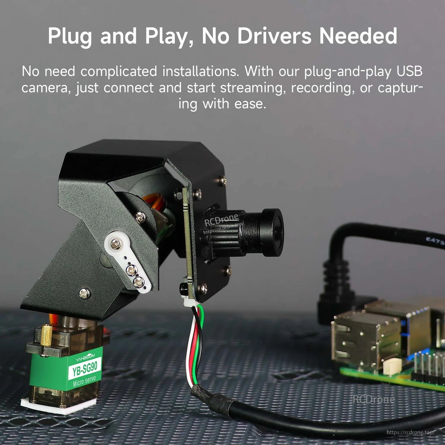 USB plug-and-play driver-free camera PTZ connected to single-board computer, side view