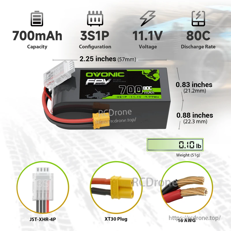 2-Pack OVONIC 700mAh 3S 11.1V 80C LiPo battery with XT30 plug, JST-XHR-4P balance lead and size chart