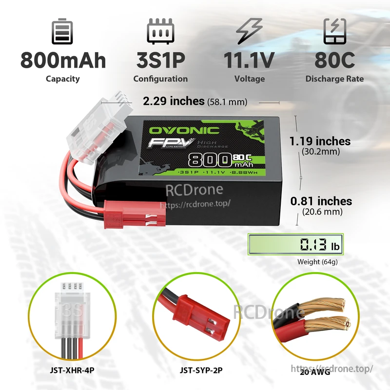 OVONIC 800mAh 3S 11.1V 80C LiPo Battery dimensions and connectors (JST-SYP-2P, JST-XHR-4P, 20AWG)