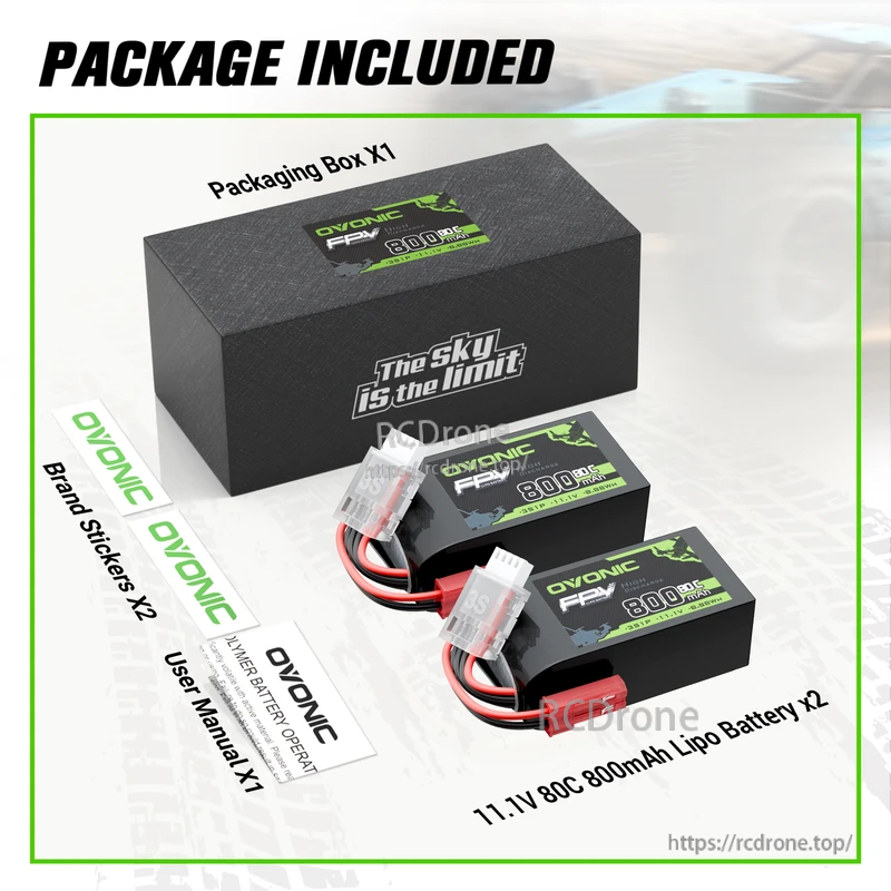 OVONIC 800mAh 3S 11.1V 80C LiPo Battery 2-pack packaging with box, brand stickers and user manual