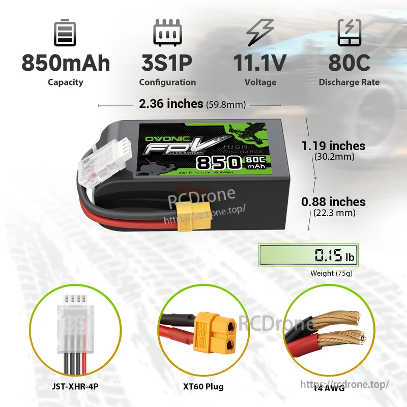 2× OVONIC 850mAh 3S 11.1V 80C LiPo battery size chart with XT60 plug and JST-XHR-4P balance lead