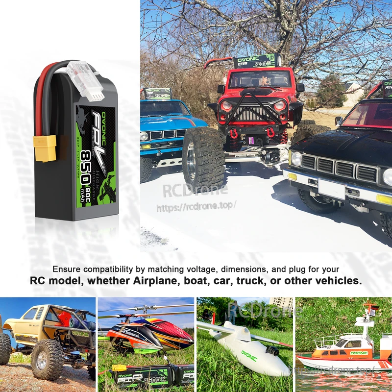 OVONIC 850mAh 3S LiPo battery shown with examples of compatible RC models like car, boat, airplane, and truck