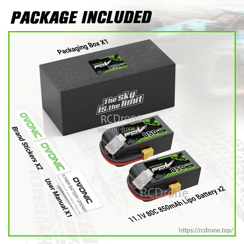 Package contents for 2× OVONIC 850mAh 3S 11.1V 80C LiPo batteries, box, stickers, and user manual