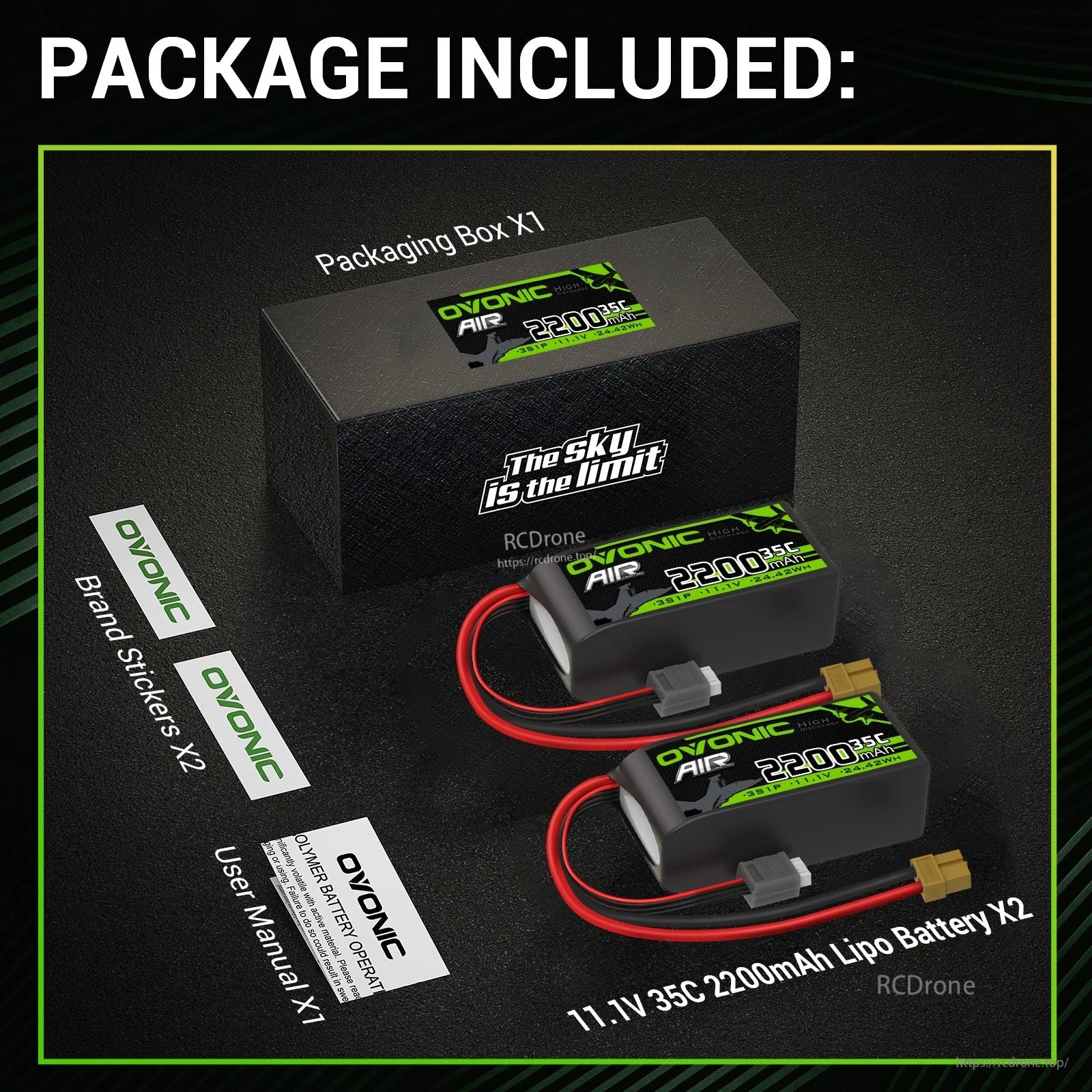 Package contents: 2 batteries, packaging box, user manual, and OVONIC brand stickers