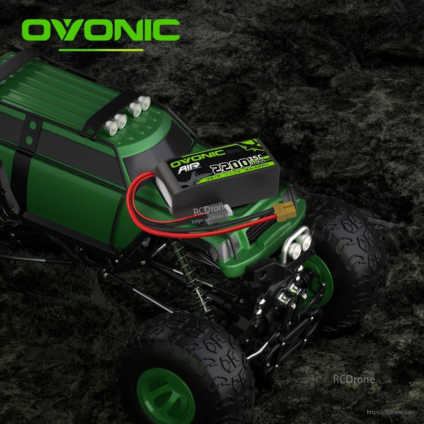 OVONIC 3S 2200mAh LiPo battery shown installed on RC truck use case with XT60 connector