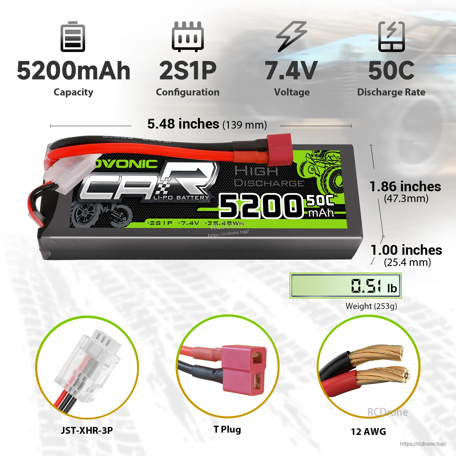 OVONIC 2S 5200mAh 50C 7.4V hardcase LiPo battery with Deans T plug, size and connector details