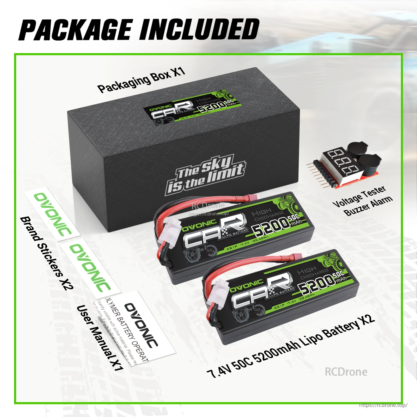 Package contents: two OVONIC 2S 5200mAh 50C 7.4V hardcase LiPo batteries, voltage tester buzzer alarm, manual, stickers, box