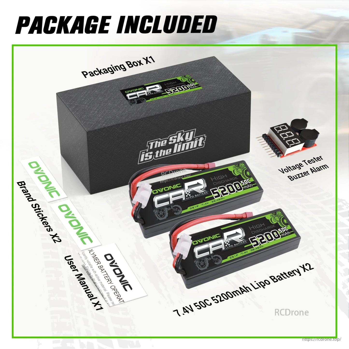 Package included: two 7.4V 5200mAh 50C hardcase LiPo batteries, voltage tester, stickers, manual