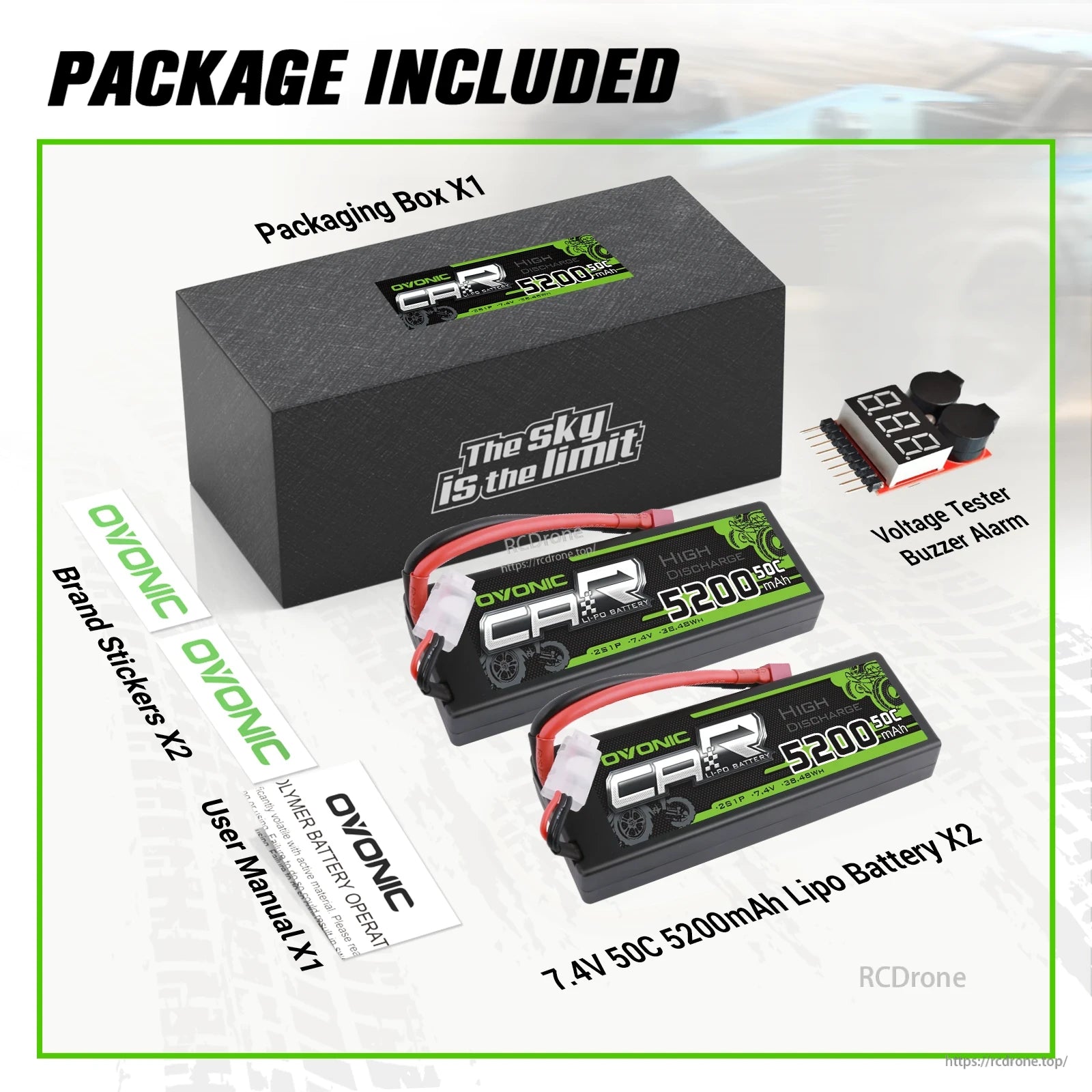 Package included: two 7.4V 5200mAh 50C hardcase LiPo batteries, voltage tester, stickers, manual