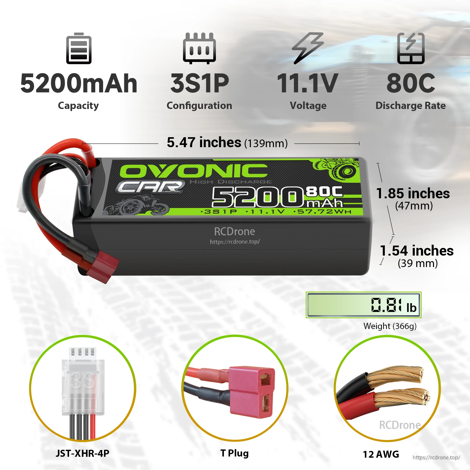 OVONIC 3S 5200mAh 80C hardcase LiPo battery, 11.1V 3S1P, Deans T plug, 139×47×39mm