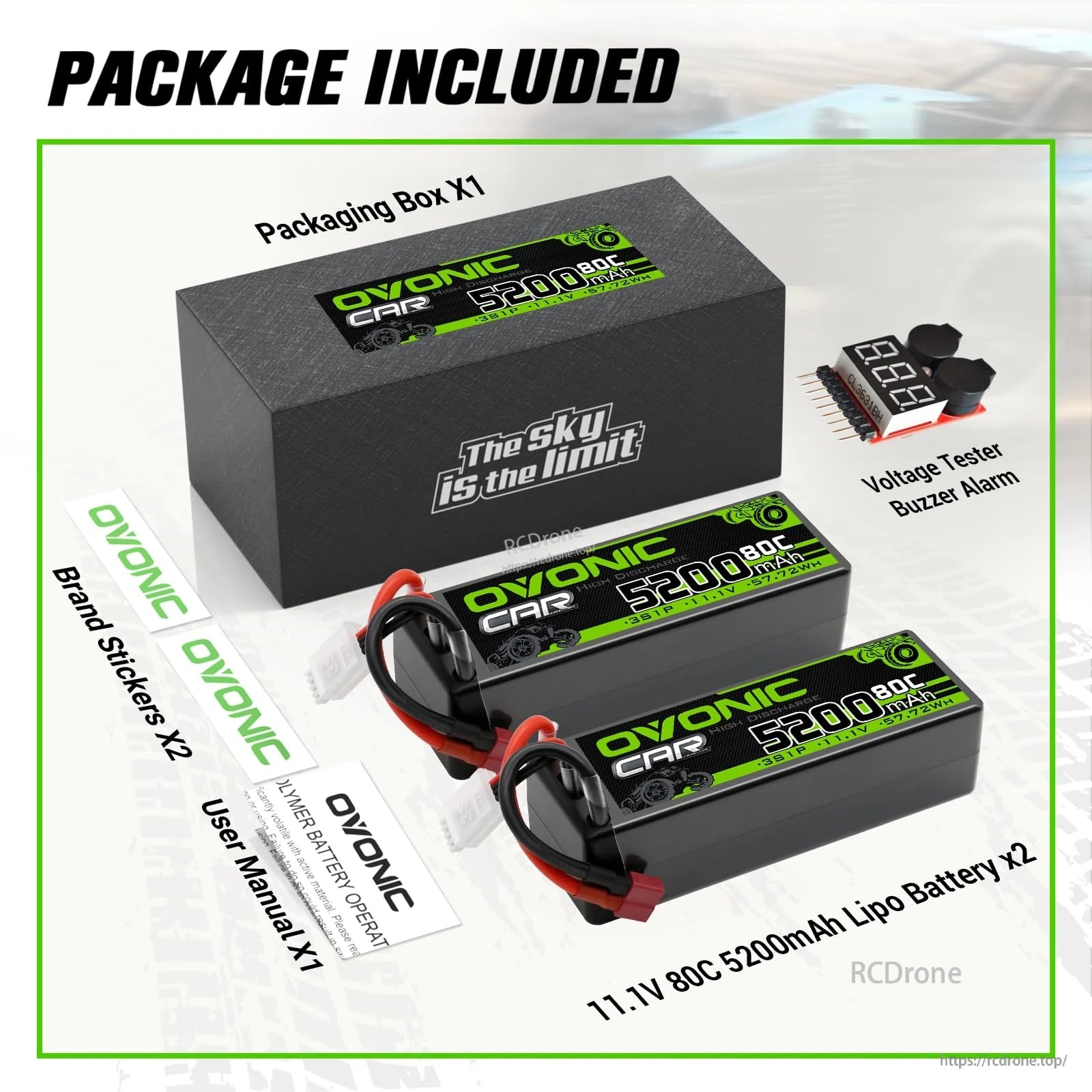 Package contents: two OVONIC 11.1V 5200mAh 80C hardcase LiPo batteries, voltage tester buzzer alarm, manual, stickers, box