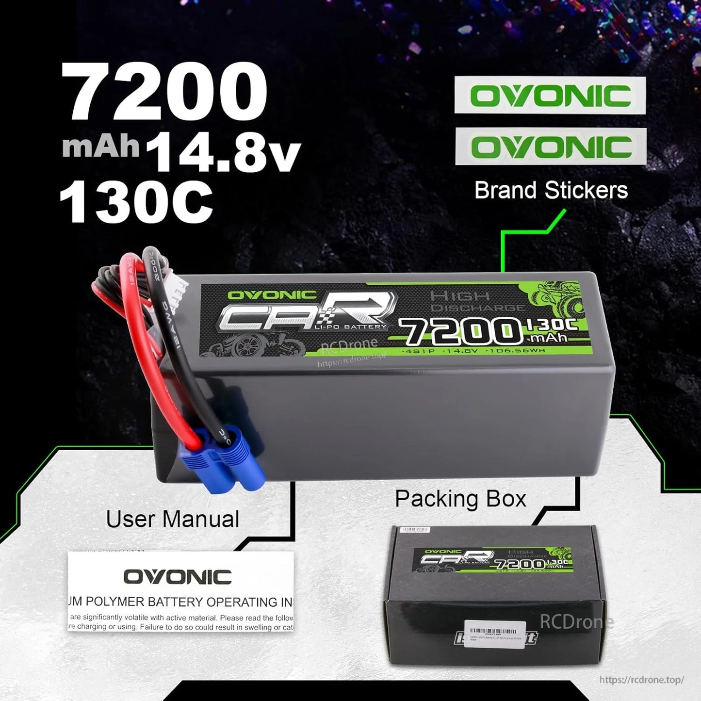 Package contents: OVONIC LiPo battery, brand stickers, user manual, and packing box