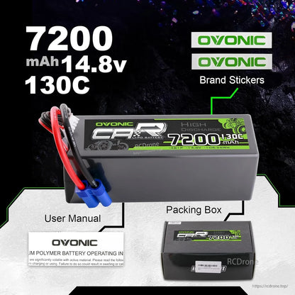 Package contents: OVONIC LiPo battery, brand stickers, user manual, and packing box