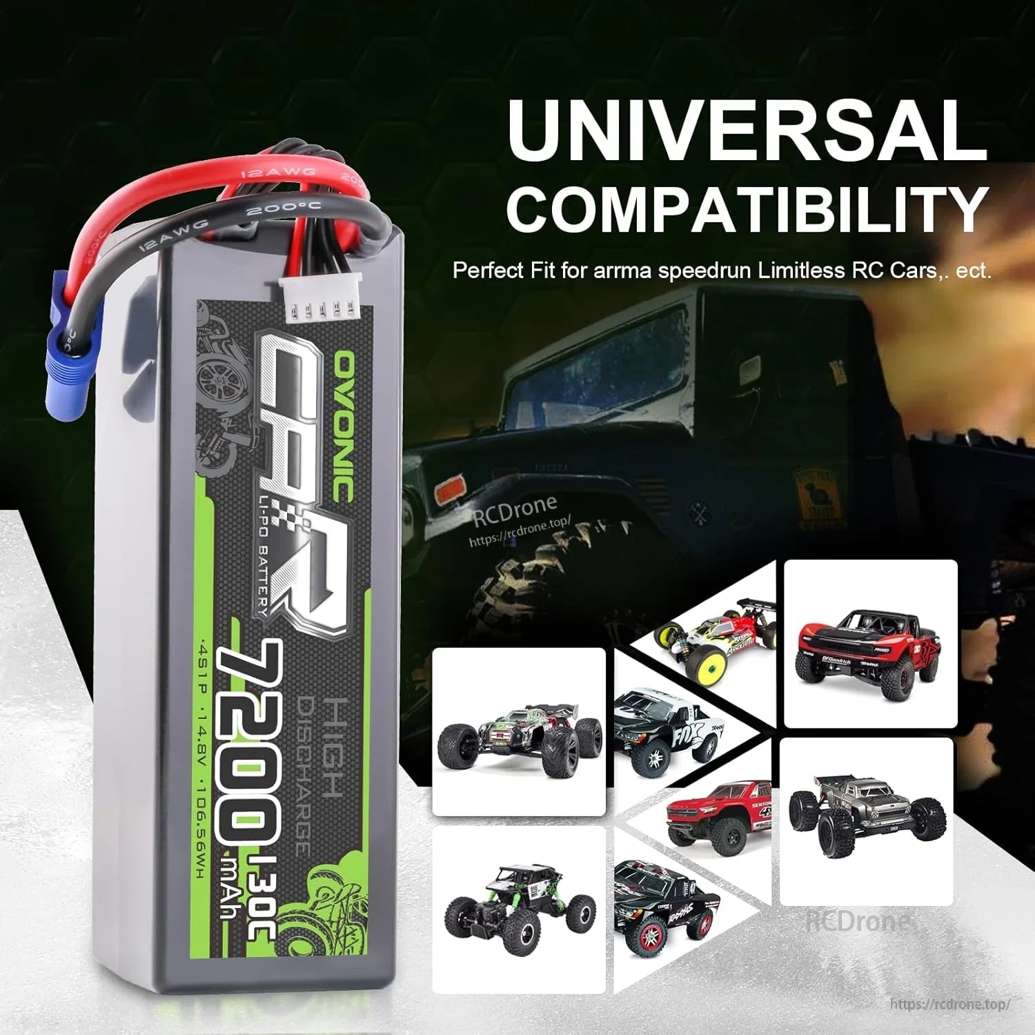 OVONIC 7200mAh 4S LiPo battery universal compatibility graphic with RC car images