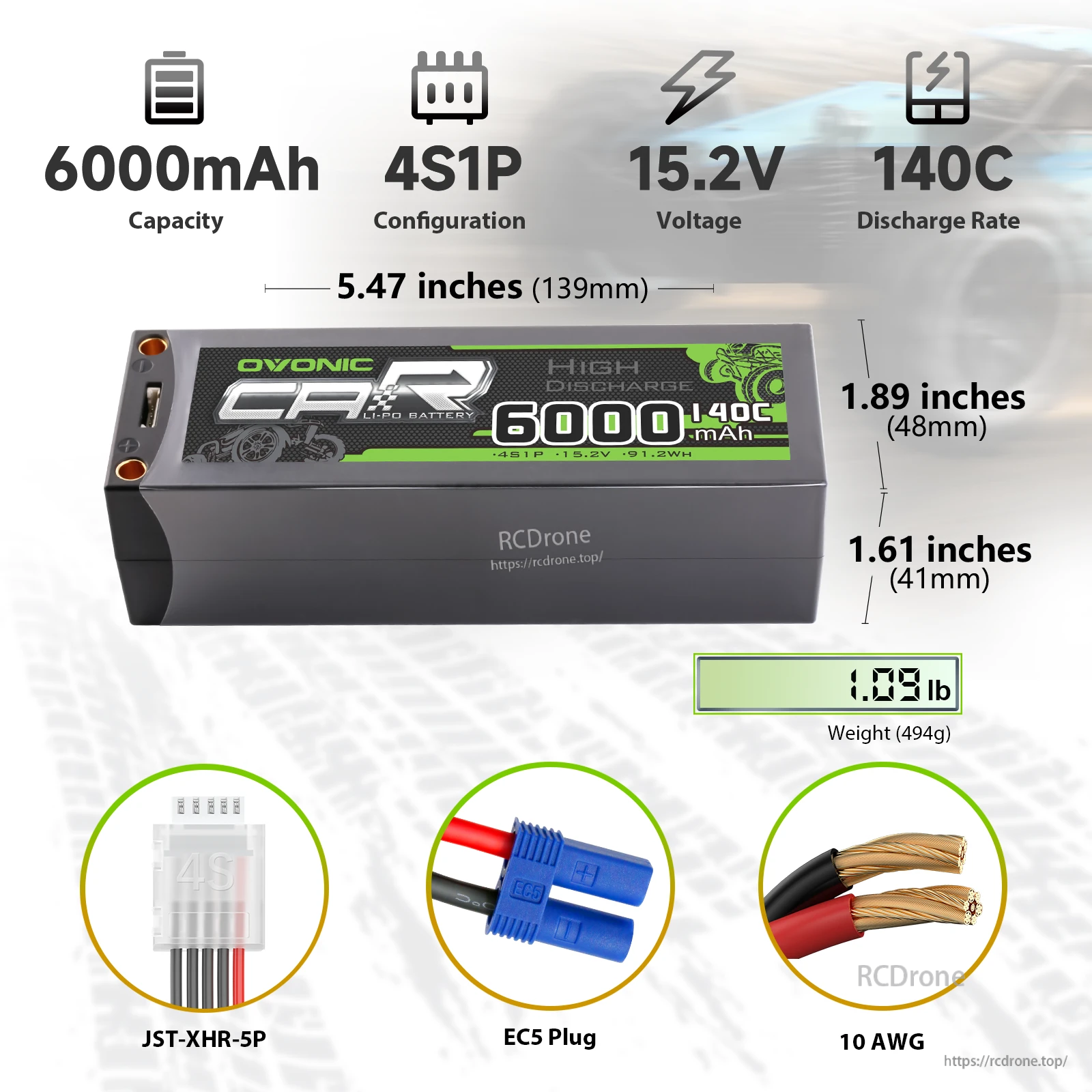 Ovonic 6000mAh 4S LiHV hardcase LiPo battery, 15.2V 140C, size and EC5/JST-XHR-5P connectors