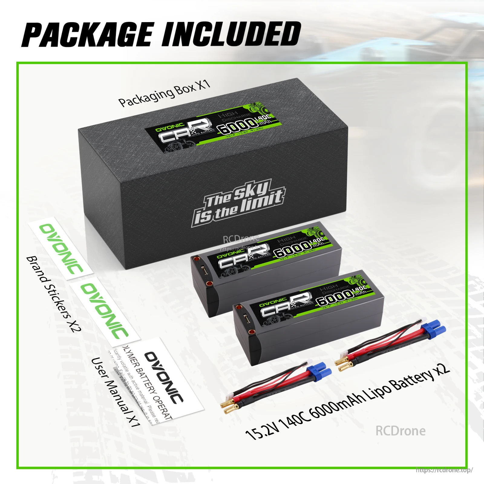 Package contents for Ovonic 6000mAh 4S 15.2V 140C LiHV hardcase LiPo battery 2-pack with box and manual