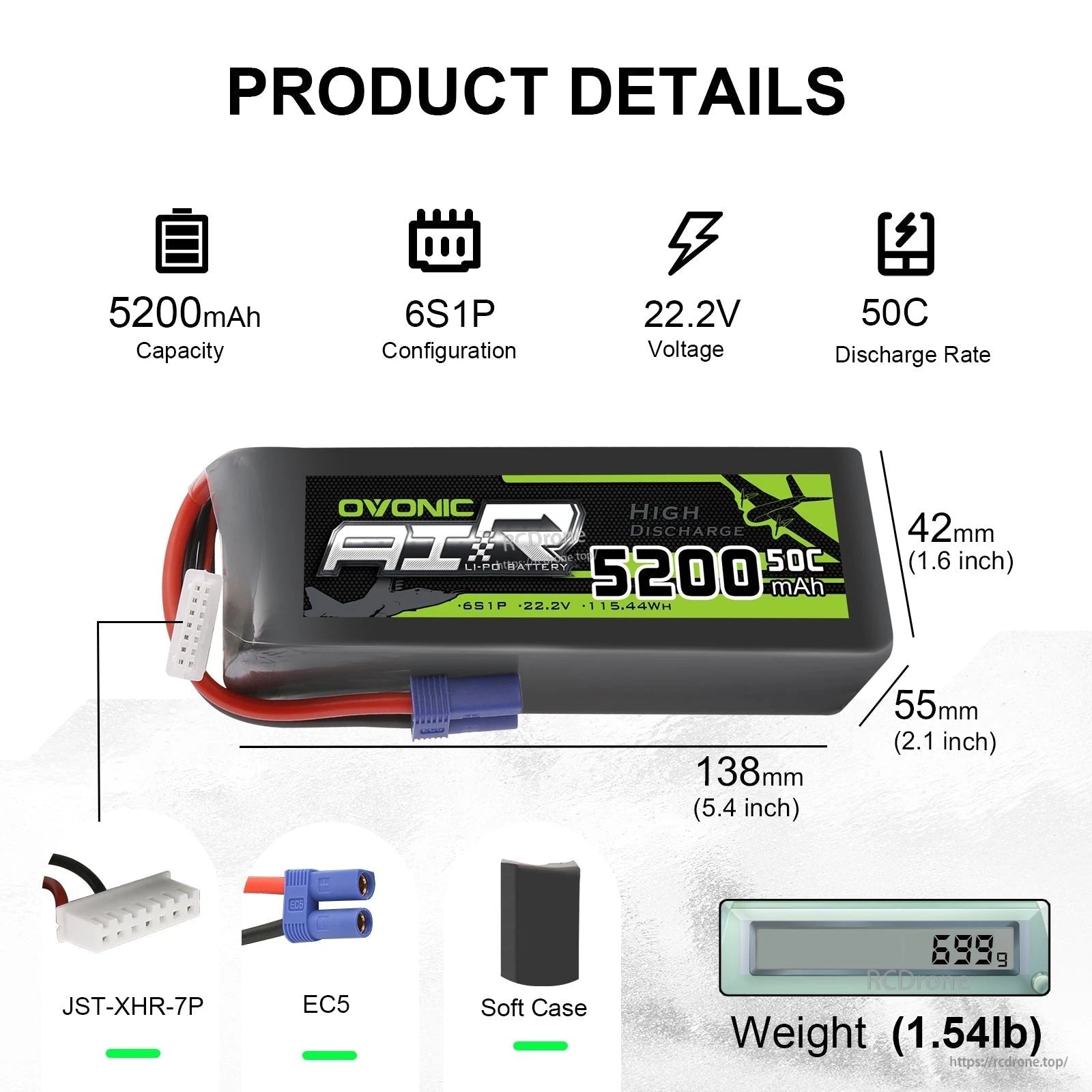 Ovonic 6S 5200mAh LiPo product details graphic with 22.2V, 50C, 6S1P, dimensions, EC5 and JST-XHR-7P