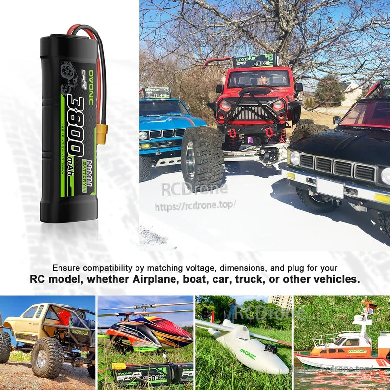 OVONIC 7.2V 3800mAh NiMH battery shown with RC car, helicopter, airplane and boat application collage
