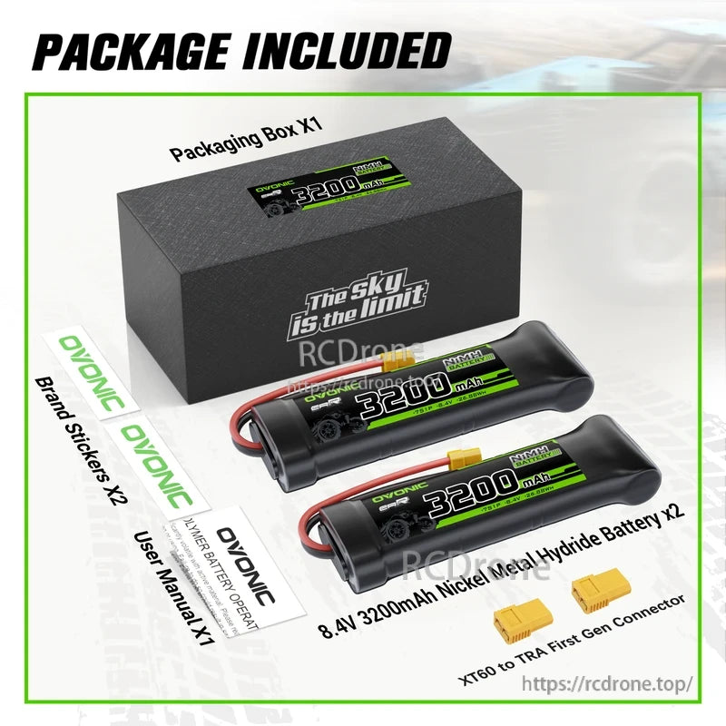 Package contents: two 8.4V 3200mAh NiMH batteries, XT60 to TRX adapter, stickers, user manual and box
