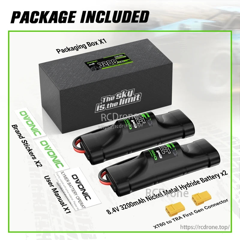 Package contents: 2 OVONIC 8.4V 3200mAh NiMH hump batteries, box, stickers, user manual, XT60 to Tamiya adapter
