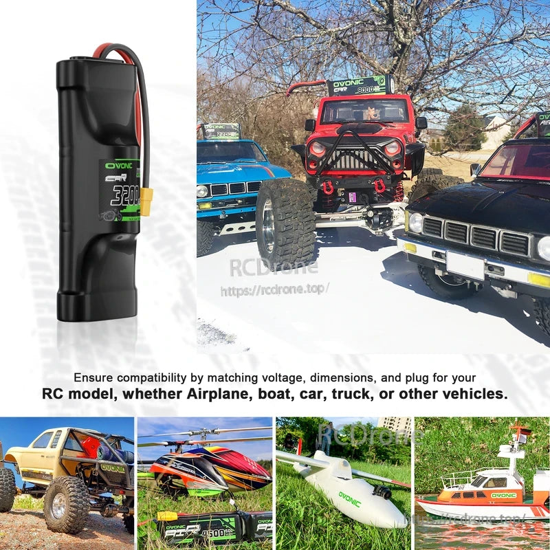 8.4V hump NiMH battery shown with RC vehicle use-case collage (cars, truck, helicopter, plane, boat)