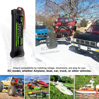 OVONIC 3200mAh NiMH battery shown with RC car, truck, boat and aircraft application examples