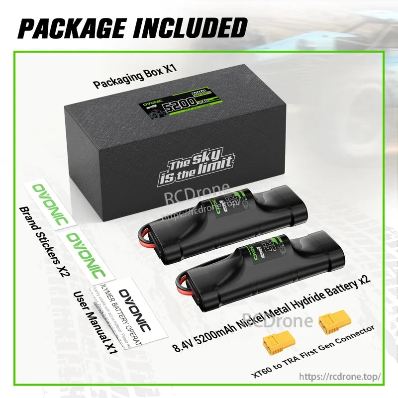 Package contents: two OVONIC 8.4V 5200mAh NiMH batteries, box, XT60 to Tamiya adapter, stickers and manual