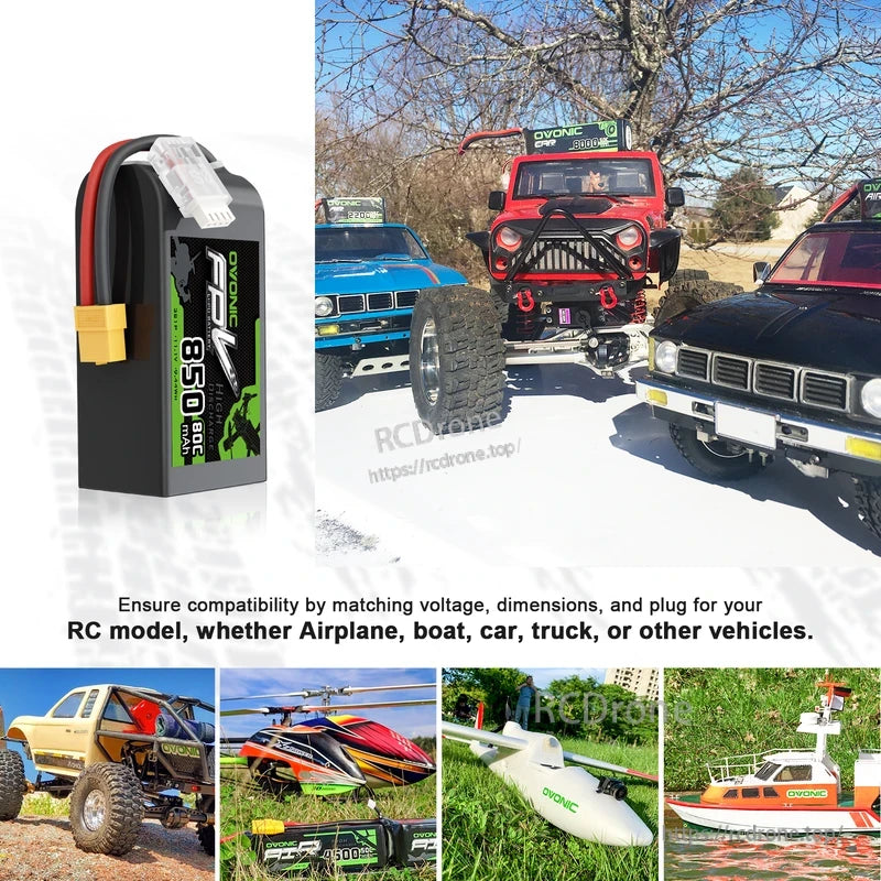 2× OVONIC 850mAh 3S 11.1V 80C LiPo Battery use-case collage for RC car, helicopter, airplane and boat models