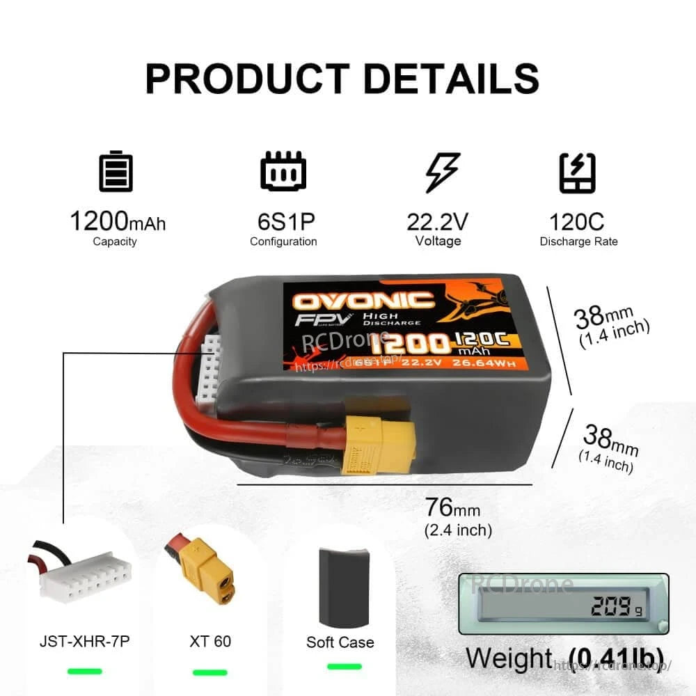 2× Ovonic 120C 6S 1200mAh 22.2V LiPo battery specs graphic with dimensions, XT60 and JST-XHR-7P leads