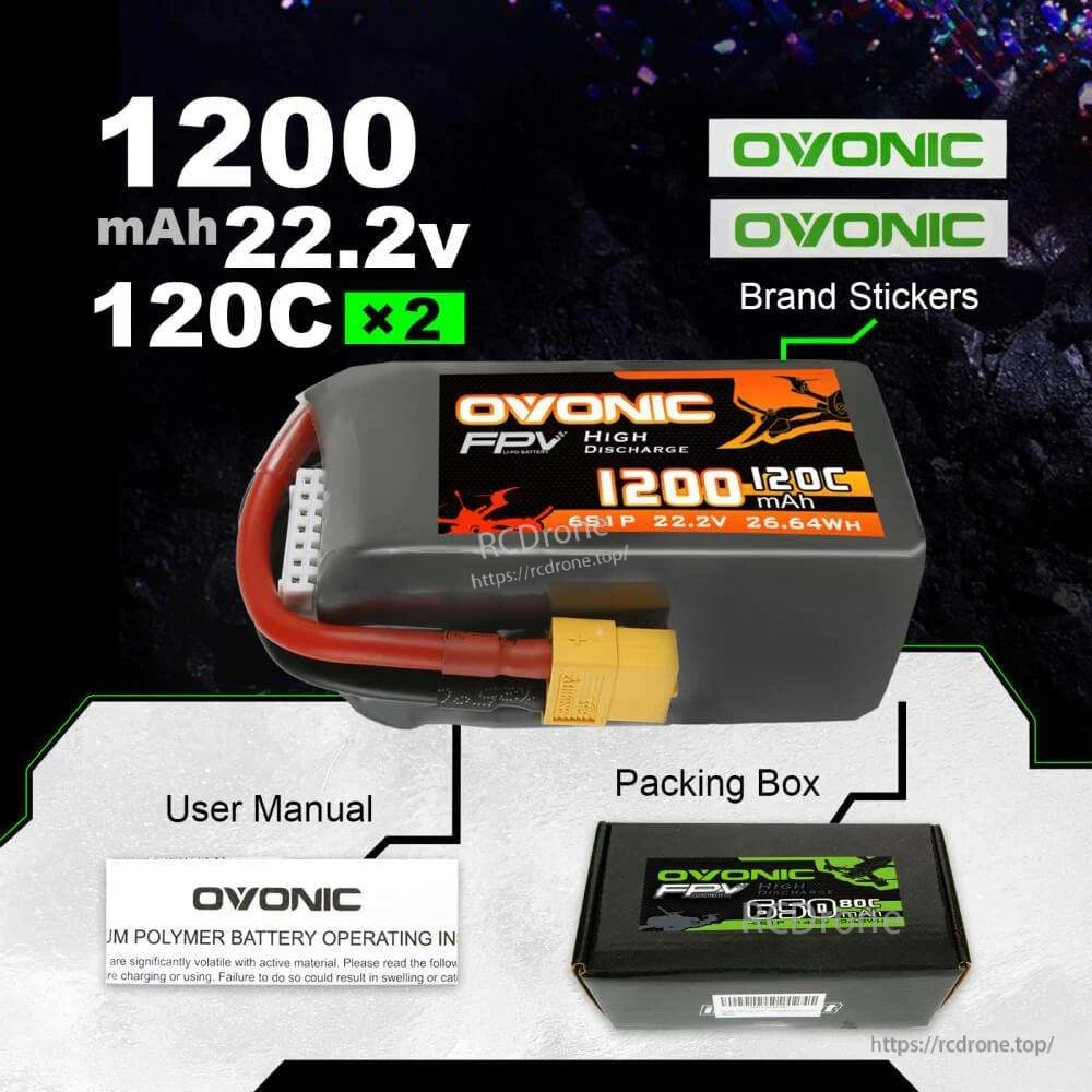 Package contents for 2× Ovonic 120C 6S 1200mAh 22.2V LiPo batteries with user manual, box, and stickers