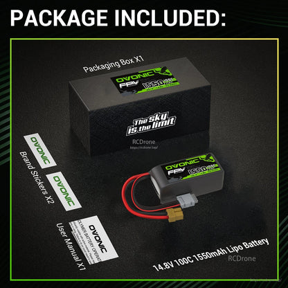 2× Ovonic 1550mAh 4S 14.8V 100C LiPo Battery package contents with box, stickers and user manual