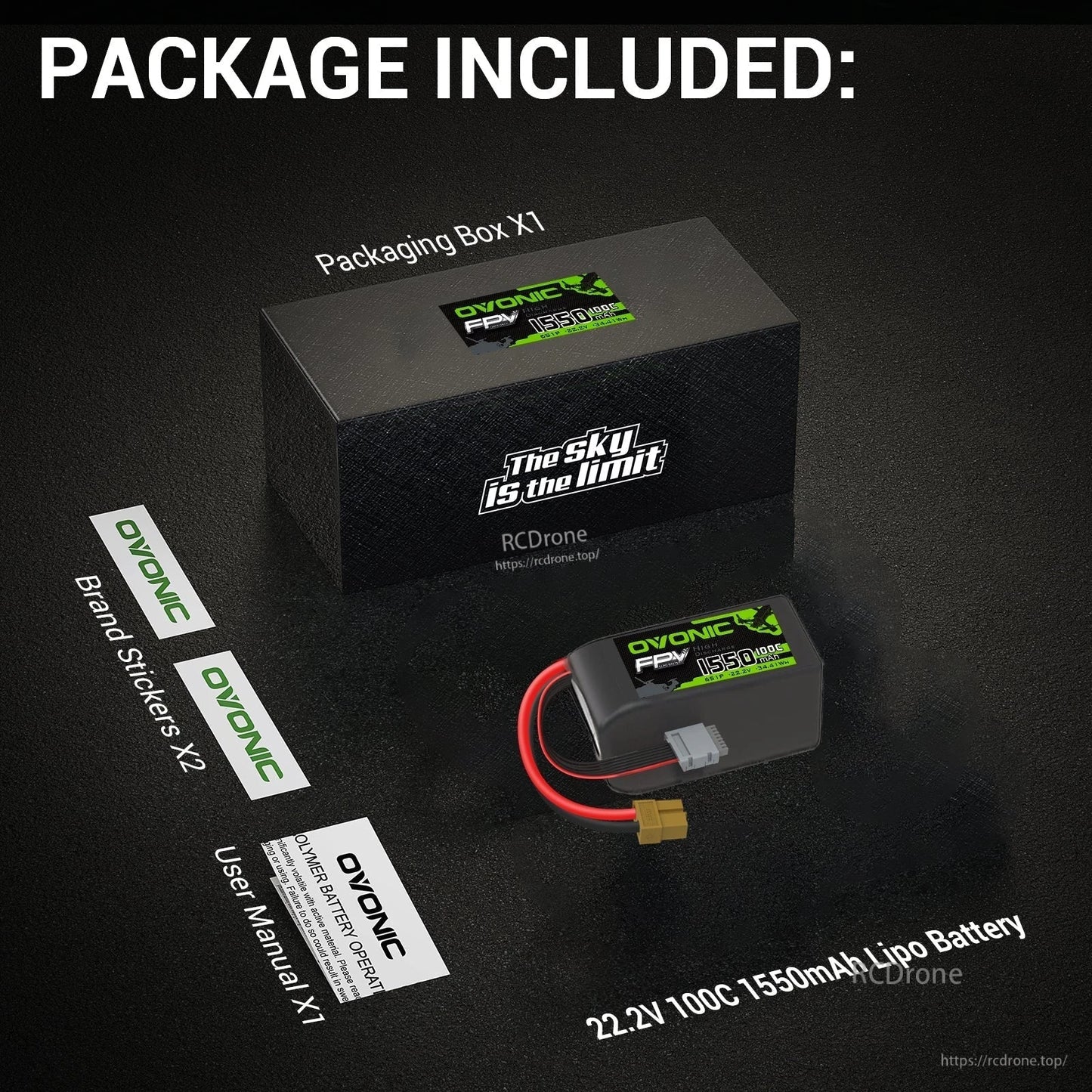 2× Ovonic 1550mAh 6S 22.2V 100C LiPo Battery package contents: box, battery, brand stickers, user manual
