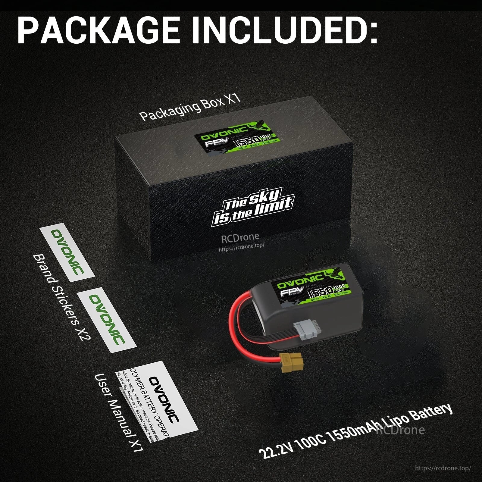 2× Ovonic 1550mAh 6S 22.2V 100C LiPo Battery package contents: box, battery, brand stickers, user manual