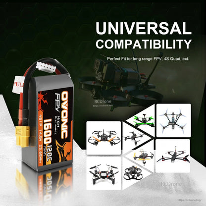 Universal compatibility graphic showing Ovonic FPV LiPo battery alongside racing drone quadcopter silhouettes