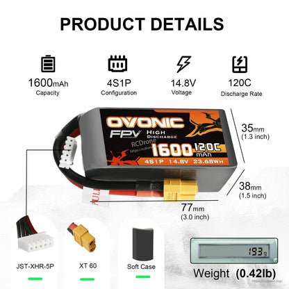 Product details graphic showing 1600mAh 4S1P 14.8V 120C, XT60 connector, JST-XHR-5P and battery size