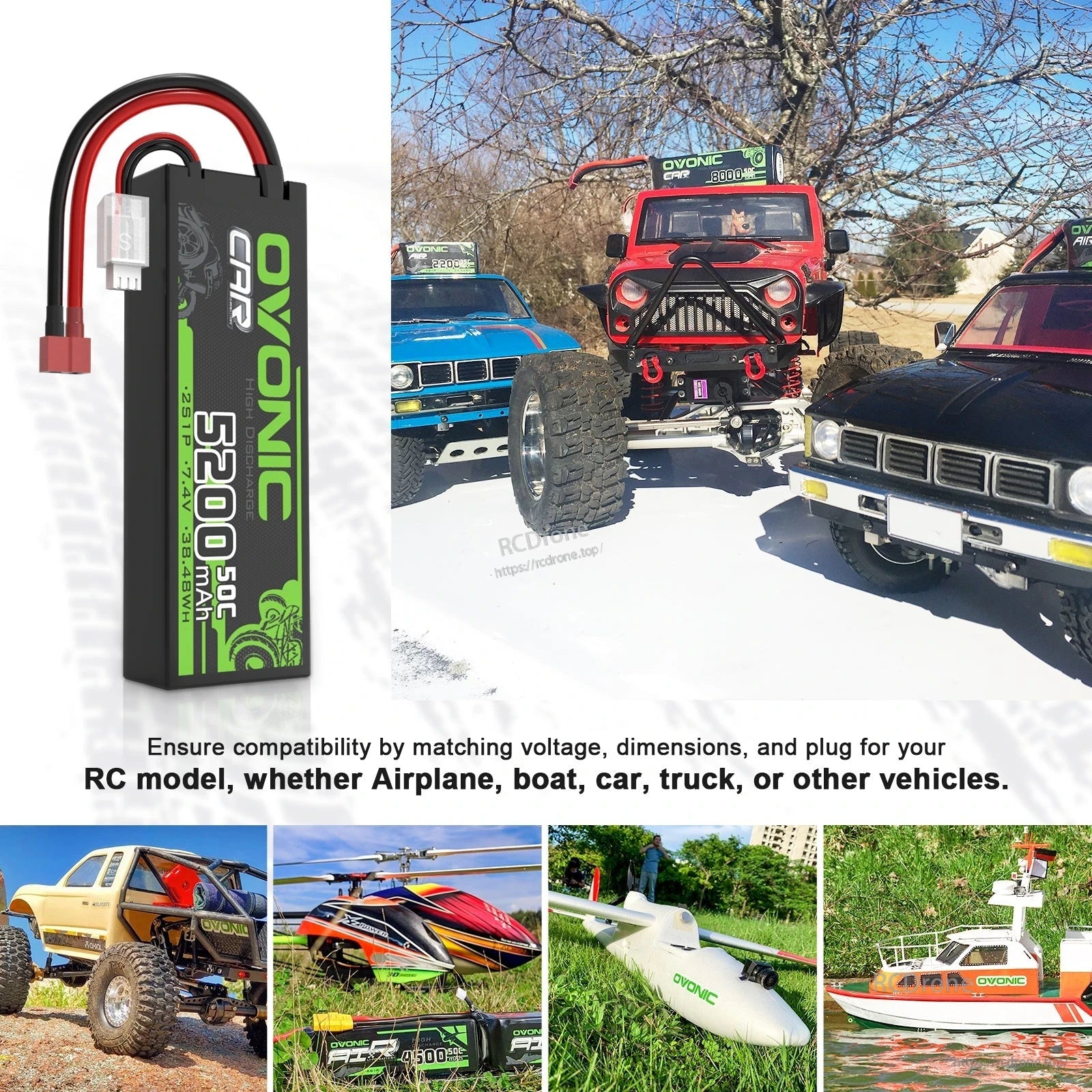 Application collage showing battery with RC car, truck, boat, airplane and helicopter use examples