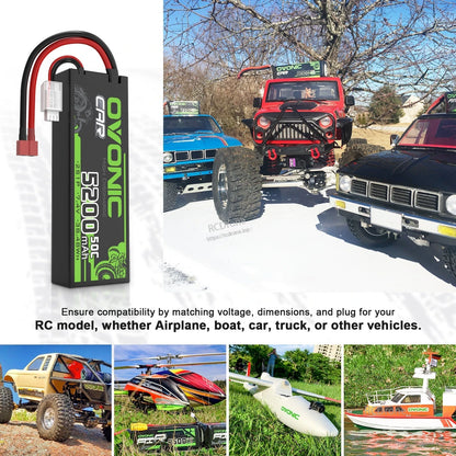 Application collage showing battery with RC car, truck, boat, airplane and helicopter use examples