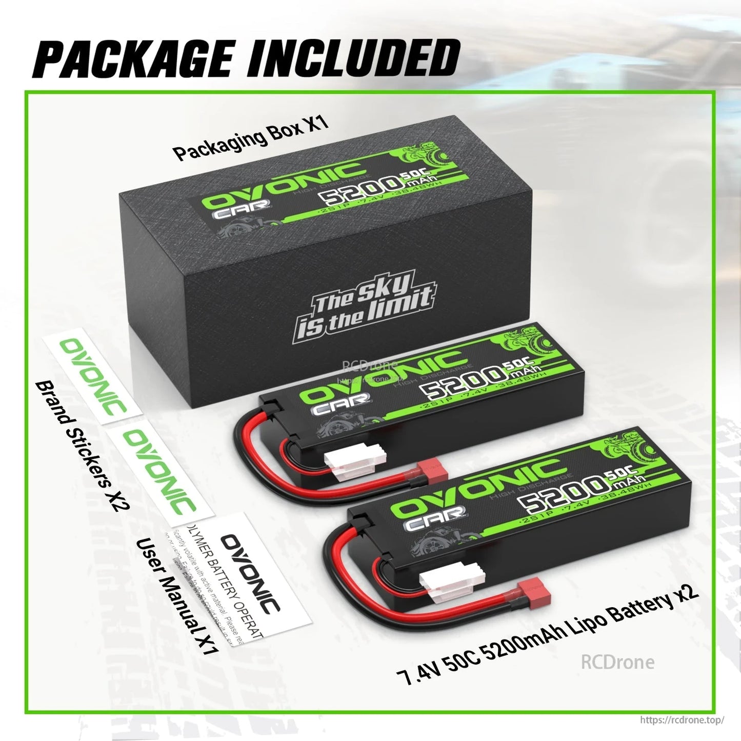 Package included: two 7.4V 5200mAh 50C LiPo batteries, Ovonic box, brand stickers, user manual