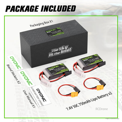 Package contents: 2 Ovonic 2S 750mAh LiPo batteries, 2 XT60-to-mini TRA leads, box, stickers, user manual