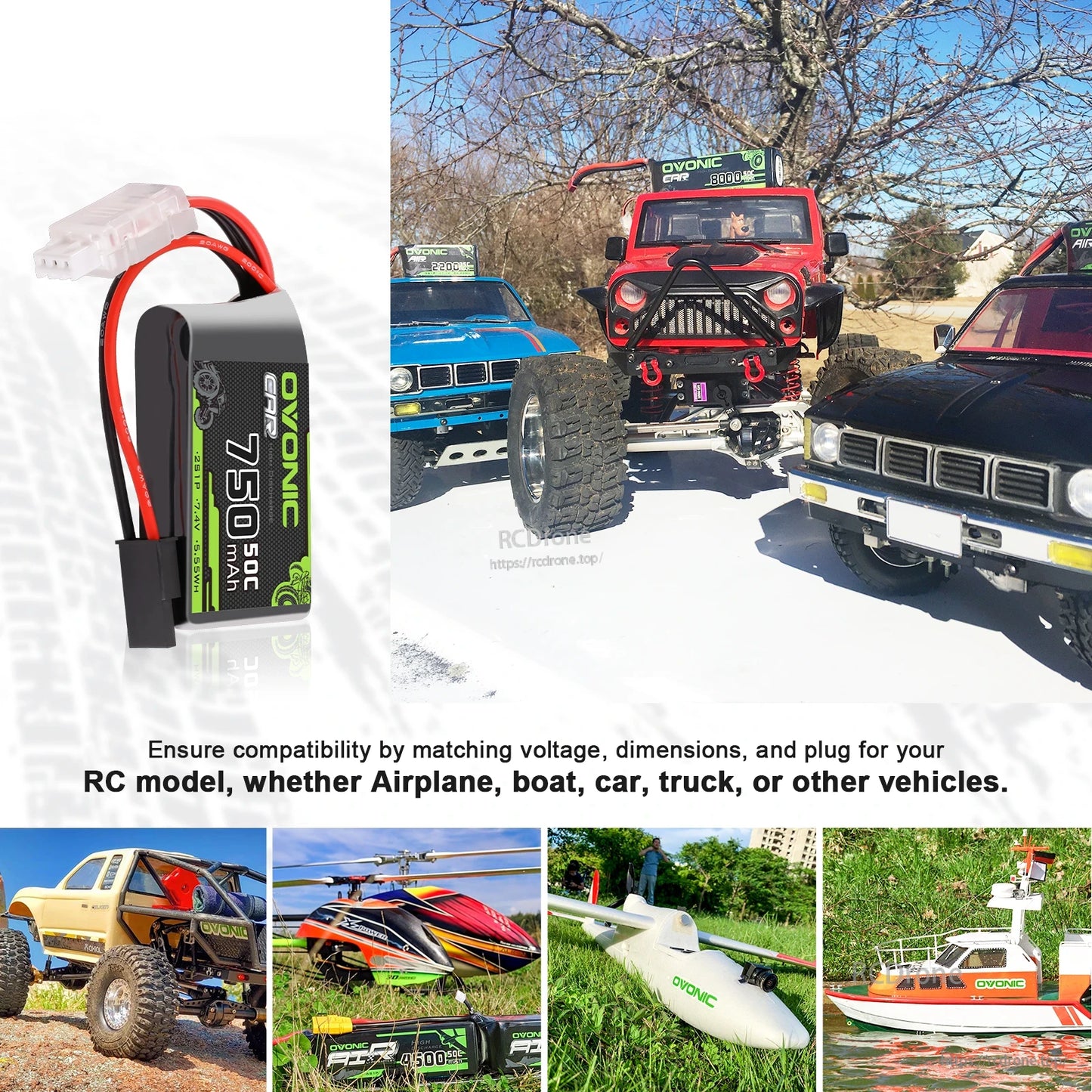 RC application collage showing 750mAh LiPo battery used with RC trucks, boat, helicopter and plane models