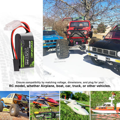 RC application collage showing 750mAh LiPo battery used with RC trucks, boat, helicopter and plane models