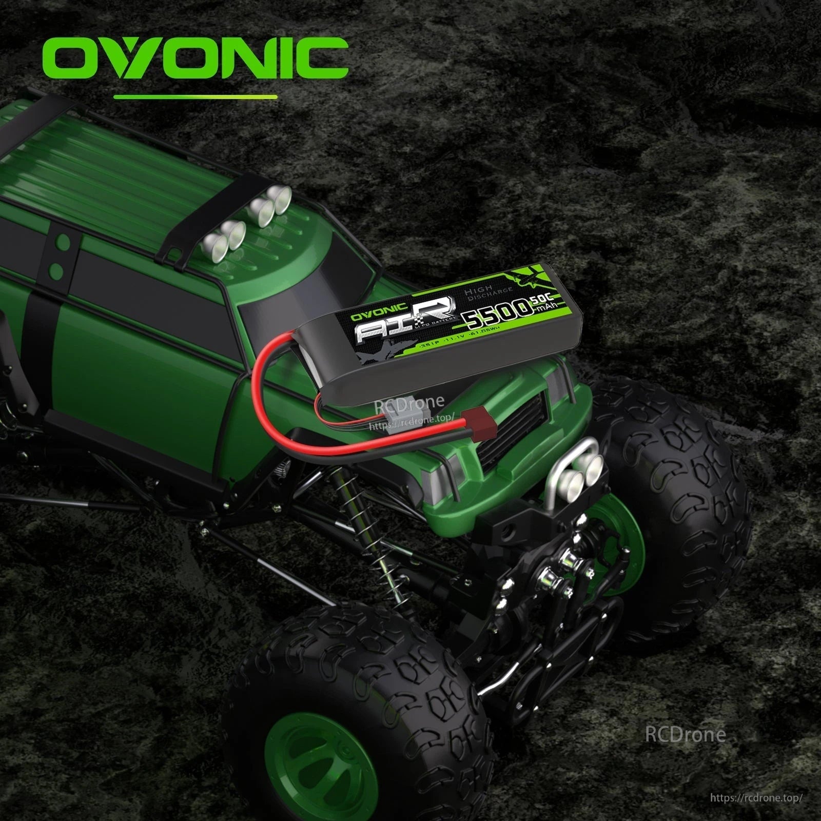 LiPo battery installed on green RC truck as use-case image, showing wiring and Deans connector