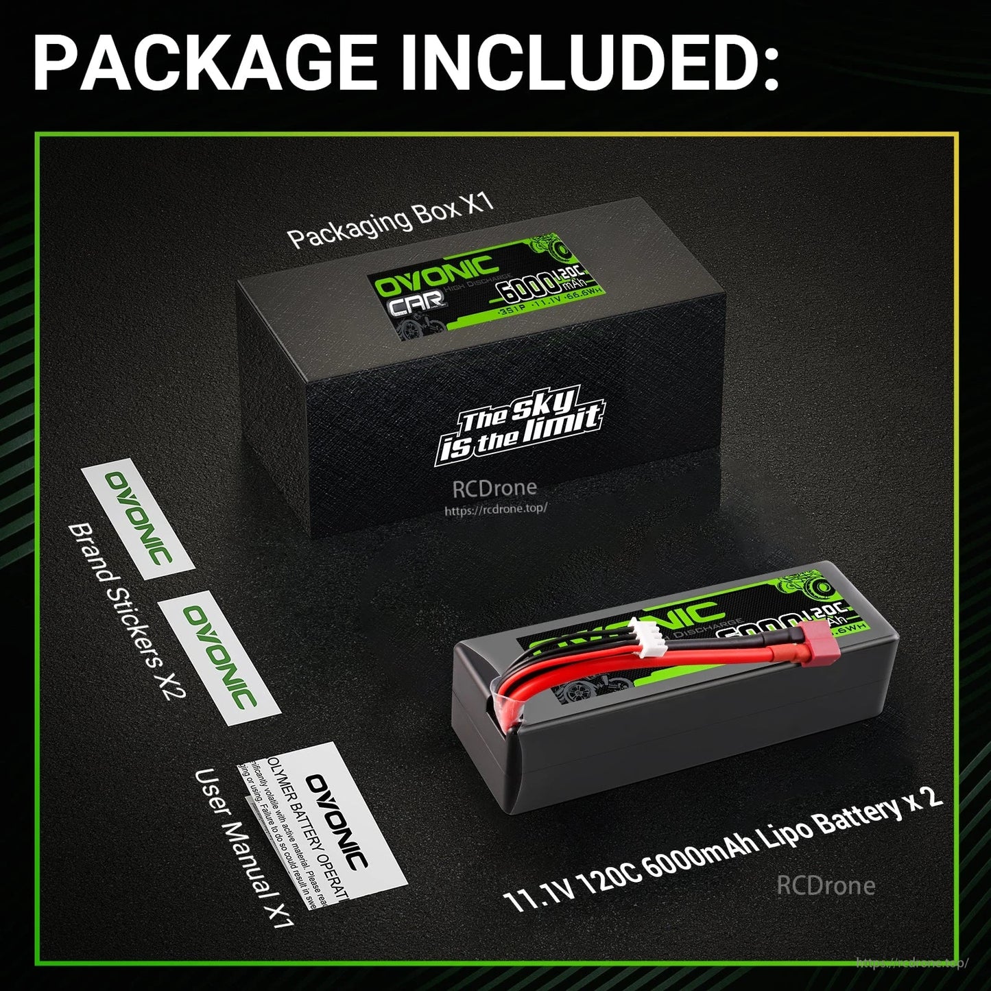 Package contents: Ovonic battery, packaging box, brand stickers (x2), and user manual shown on black