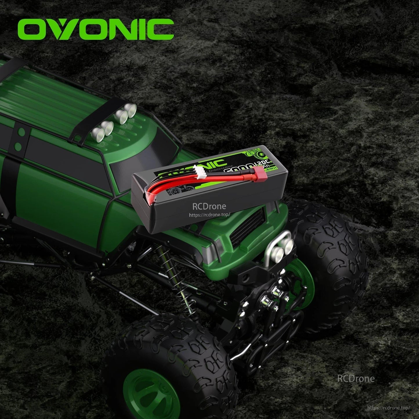 Ovonic 3S 6000mAh LiPo battery shown installed on an RC monster truck as an application example